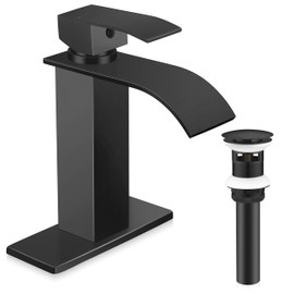 Matte Black Bathroom Faucet 3 Hole, Homikit 18/10 Stainless Steel Single Handle Waterfall Bathroom Sink Faucets Set for Sink 1 or 3 Hole for RV Vanity with Drain, Hooks, Deck Plate, Hoses