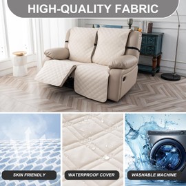 YUEANG Recliner Loveseat Covers Waterproof 100% Loveseat Recliner Covers 2 Seater Non-Slip Sofa Covers Washable Furniture Protectors Recliner Cover for Kids Pet Dog, Beige