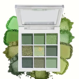 Paleta de Sombras Verde de 9 Colores, Mate, Brillo y Glitter, Alta Pigmentación, Tonos Claros y Oscuros, Impermeable, Hipoalergénica y de Larga Duración para Mujeres