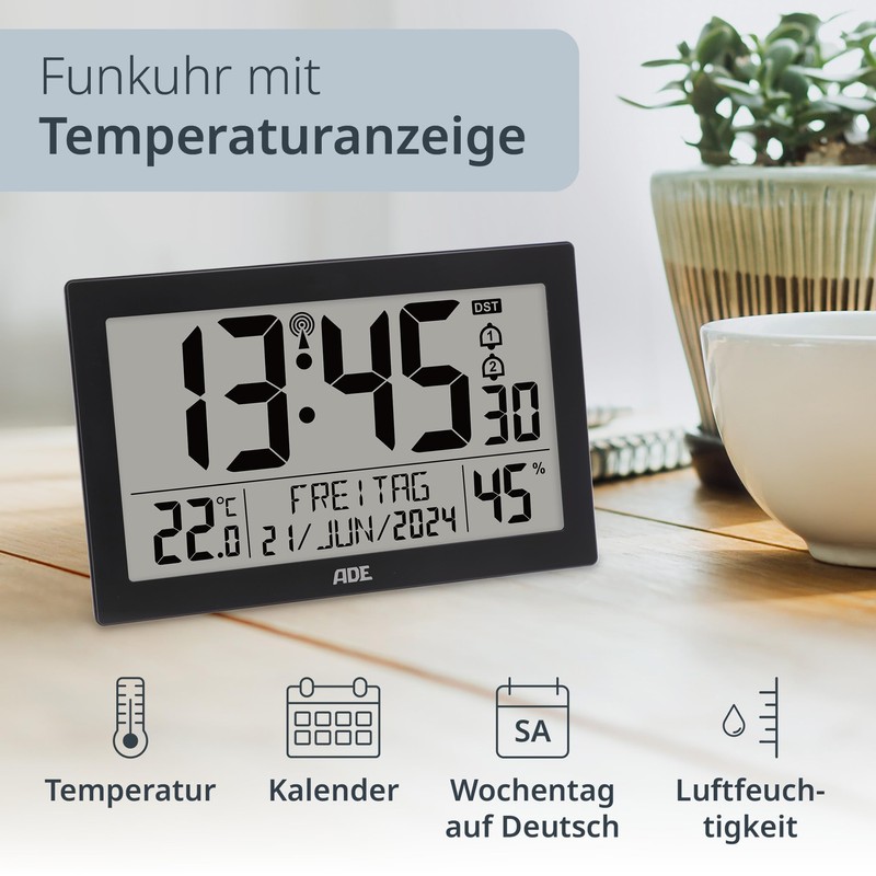 ADE Digital Radio-Controlled Clock with Large XL Display Calendar with
