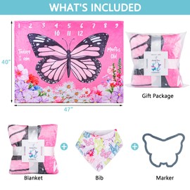 SUKOON Baby Milestone Blanket Girl | Large - 47L x 40W | Butterfly Theme | Includes Market and Bib | Personalize Milestone Blanket for Baby Boy and Girl