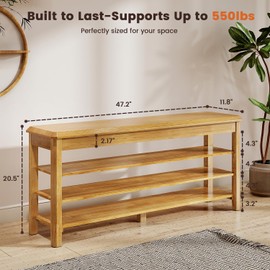 IUNVR Shoe Rack Bench Seat Rubberwood 3-Tier Wooden Storage Bench 550lbs Compact Mid-Century Modern Design for Entryway, Hallway, Closet, Front Door Entrance, Foyer