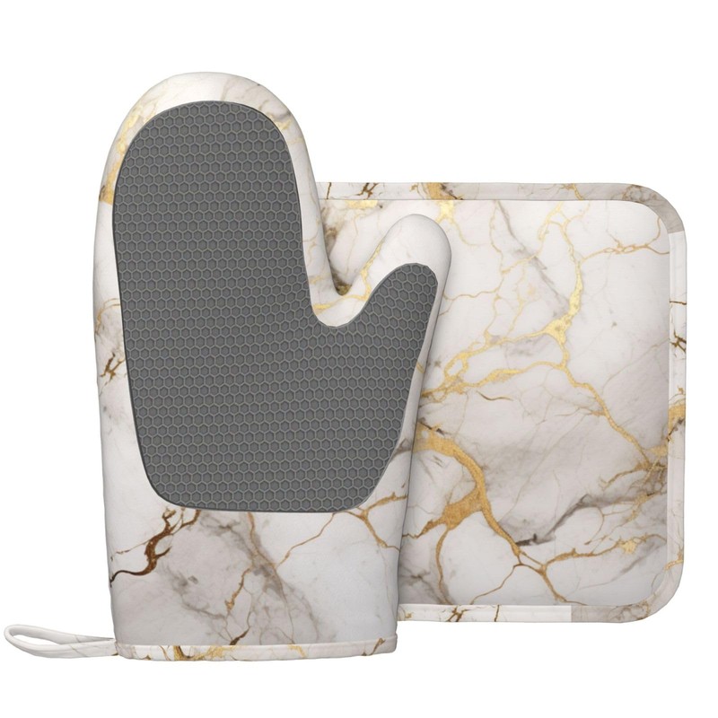 Oven Mitts and Pot Holders Marble Gray Gold White Silicone