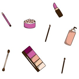 Beauty Make Up Kit Artwork Vinyl Wall Decal - Powder, Eyeliner and Lipstick for Women Art Design Wall Decoration - Creative Makeup Tools for Hairdresser Wall Decor - 28" x 22"