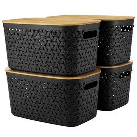 Plastic Storage Bins with Bamboo Lids Set of 4 - Pantry Organization and Storage Containers Storage Baskets - Stackable Storage Bins for Shelves Drawers Desktop Closet Playroom Classroom Office