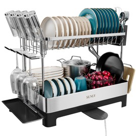 SUNLY 2 Tier Dish Drying Rack, Extra Large Dish Rack, Multifunctional Large Dish Drainers for Kitchen Counter, 304 Stainless Steel Kitchen Drying Rack, Bowl Drying Rack, Extendable Drain Spout, Black