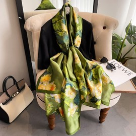 Aufeel Fashion Scarves 100% Satin Silk Scarf Long Lightweight Sunscreen Shawls Wraps for Women Hair Scarves (Olive)