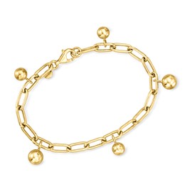 Ross-Simons Italian 18kt Gold Over Sterling Paper Clip Link Bead Station Bracelet. 7 inches