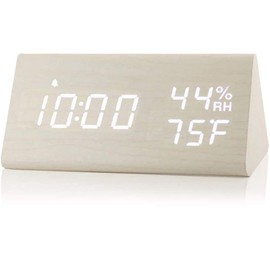 Digital Alarm Clock, Wooden Alarm Clock with Electronic LED Time Display, Humidity & Temperature Detect 3 Alarm Settings 3 Level Brightness Electric Clock for Bedroom Bedside Desk (White wood color)