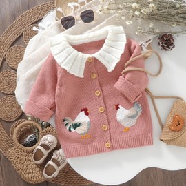 Baby Girl Cardigan Knit Sweater Animal Embroidery Chunky Coat Doll Collar Knitwear Toddler Infant Spring Clothes (Rooster-Pink, 12-18 Months)