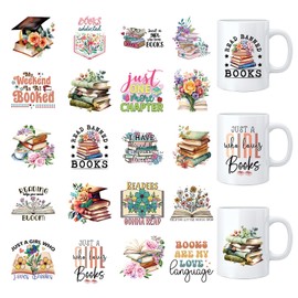 INCOK Reiben Sie auf Transfers zum Basteln – 20 Blatt Buchliebhaber-UV-DTF-Wraps für 473 ml Glasbecher, inspirierende Zitate, Blumen, Tassen-Transferaufkleber, DIY, kreative Aufkleber für