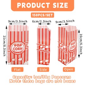 Pack of 150 Popcorn Bags, Popcorn Bags, Small Vintage Popcorn Bags, Red and White Striped Popcorn Bags for Party, Cinema, Film Nights, Birthday, Carnival (21 x 9 x 6 cm) (Pack of 150)