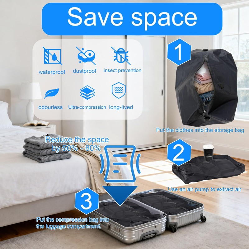 travel vacuum bag, equipped with a wireless vacuum pump, can