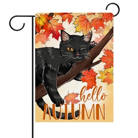 Stosts Hello Autumn Black Cat Decorative Garden Flag, Fall Pet Maple Leaves Branch Yard Outside Home Decor Cat Lover Gifts, Seasonal Burlap Outdoor Small Decoration Double Sided 12 x 18