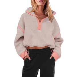 Panadila Womens Quarter Zip Fleece Pullover Sherpa Jacket Oversized Sweatshirt with Pockets Fuzzy Sweater (Khaki Pink Combo,M)