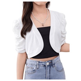 OYOANGLE Girl's Puff Short Sleeve Cropped Cardigan Open Front Bolero Shrug Cardigans White 12Y