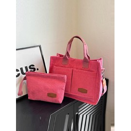 Solid Color/fruit/leopard Summer Fall Tote Bag Set, Tote Bag for Women, Everything Tote Bag for Women & Small Wristlet Bag, Trendy Commuting Work Bag Set, Everyday Bags Back To School, Girlfriend Gifts:_Hot Pink_Please Refer To The Pictures for Dimensions