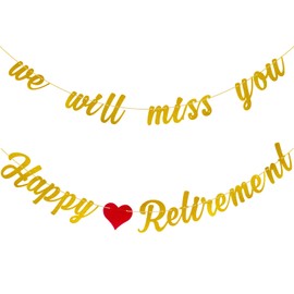 Pre-Strung Happy Retirement Banner, Gold Glitter We Will Miss You Banner, Retirement Party Decorations Farewell Gift for Women Man