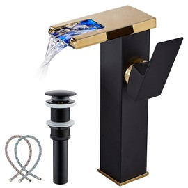 Vessel Sink Faucet Waterfall Gold Black Lavatory Single Hole with Pop Up Drain without Overflow and Supply Lines Bathroom Faucets Bowl Sink One Handle Faucets Bath Tap Lead-Free