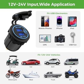Carro de golf 10L0L, cargador USB dual/puerto USB/carga rápida 3.0, salida USB, ajuste universal EZGO Club Car y Yamaha, también apto para motocicleta, ATV, barco, etc. Entrada 12V-24V