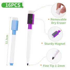 JEFURE Whiteboard Markers, Pack of 16, Magnetic Whiteboard Pens in 8 Colours, Colourful Foil Pen, Wipe Clean with Eraser, Wipe Clean Pens with Fine Tip for Home, School, Office