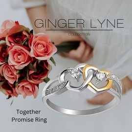 Together Promise Ring for Women by Ginger Lyne | Double Hearts Two Tone Gold over 925 Sterling Silver Engagement Ring for Her | Cubic Zirconia Bridal Jewelry for Girlfriend or Wife