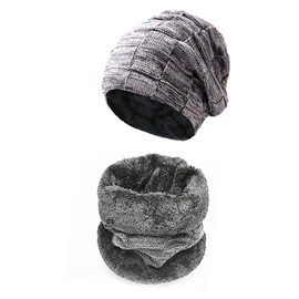Loriketty Men Winter Knitted Outdoor Soft Plush Lining Beanie Hat with Scarf, Mens Winter Lining Cap, Light Grey
