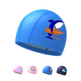 Kids Swimming Cap for Girls 4-9 Years, Swim Hat Boys, PU Material (Blue)