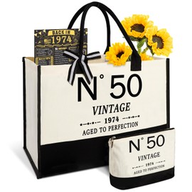 50th Birthday Gifts for Women Canvas Tote Bag Travel Gear, Unique 50 Years Old Gifts for Wife Sister Mom Aunt Friends Her, Vintage N°50 Beach Bag & Cosmetic Bag & Back in 1974 Poster