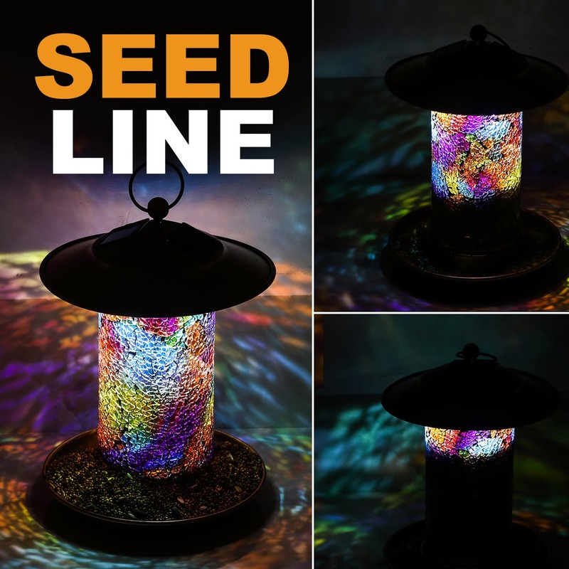 Solar Bird Feeder with Stained Glass, Easy Clean and Top