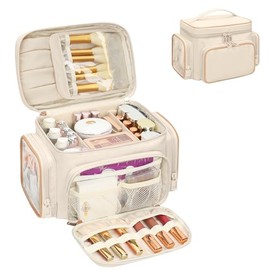 Large Makeup Bag, Portable Travel Makeup Bag Organizer for Women Girls with Makeup Brush Compartment & Two Side Pockets, Cosmetic Travel Bag Vertical Storage Toiletry - White
