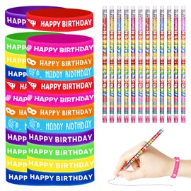 emzrivo 48 Pcs Happy Birthday Pencils Set 24 Happy Birthday Pencils Birthday Pencils 24 Happy Birthday Silicone Bracelets Rubber Wristband Happy Birthday Party Favors Bulk Birthday Classroom Gifts