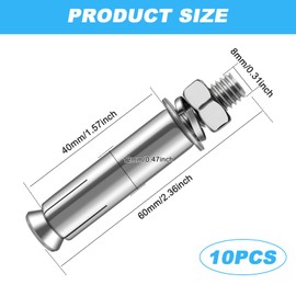 cersaty Pack of 10 Bolt Anchors, M8 x 60 mm Heavy Duty Anchor, 304 Stainless Steel Heavy Duty Dowels, Silver Wedge Anchor for Wall Construction, Building, Plasterboard, Furniture Expansion Screw