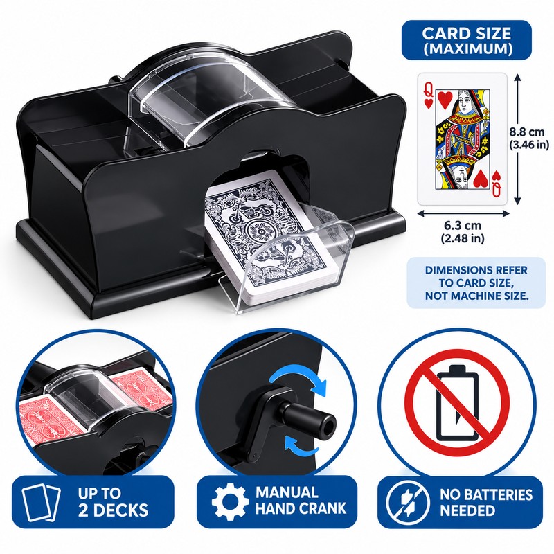 Manual 2-Deck Card Shuffler with Hand Crank, Black Playing Card