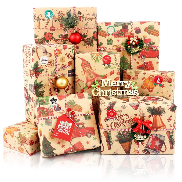 MAMUNU Christmas Wrapping Paper, 8 Sheets Thick Kraft Gift Wrapping Paper, Assorted 6 Designs Vintage Xmas Wrapping Paper for Christmas New Year Holiday, Xmas Wrapping Papers for Gifts Arts Crafts Decorations, 50x70CM