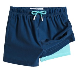 MaaMgic Boys Swimming Shorts 2 in 1 Boxer Brief Compression Liner Toddler Swim Trunks Stretchy Quick Dry Anti Chafe Swimsuits with Pockets Navy Lake Blue