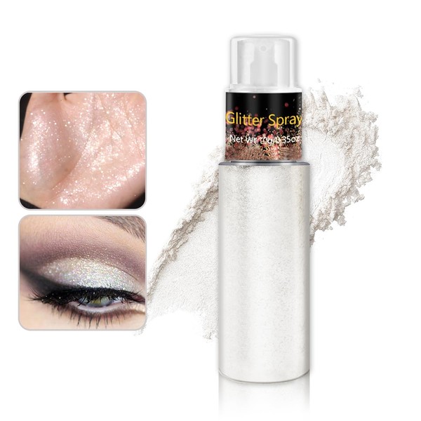 Body and Hair Glitter Spray Body Glitter Powder for Women Body Shimmer Powder for Clothes Crafts, Festival Rave Accessories-Pearl White