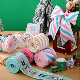 Hahafelt 30 Yards Christmas Nutcracker Wired Edge Ribbon 2.5 in Fabric Candy Rainbow Wired Edge Ribbon for Xmas Tree Decorations, Gift Wrapping DIY Bow Wreath Crafts Making, 5 Rolls