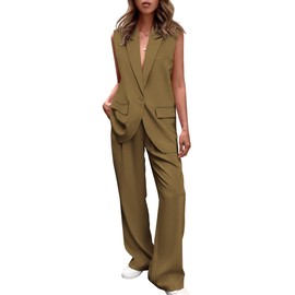 PRETTYGARDEN Women's 2 Piece Outfits Button Up Sleeveless V Neck Vest Jacket and Long Pants Suit Sets (Army Green,Small)