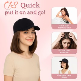 SEGO Hat Wig, Hat with Hair Attached for Women Black Baseball Cap with Hair Extensions, Short Straight Bob Baseball Cap Wig Adjustable Hats for Daily Party 6 Inch #85P613