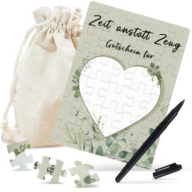 Voucher Puzzle Birthday Card, 24 Pieces, Time Instead of Stuff, Voucher to Fill Yourself, Voucher Card to Fill Yourself with Cotton Bag and Black Pen, for Birthday, Invitation