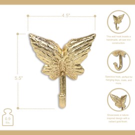 Cheungs Mythra Golden Angel Wings Cast Iron Wall Hook 5.5" - Metal Cast Iron Wall Hook for Living Room Decor, Elegant Gold Finish, Handcrafted Rustic Style