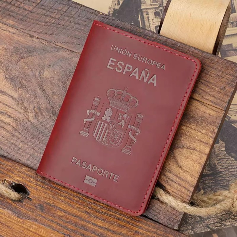Porta pasaporte español, portadocumentos de piel vaca, tarjetero retro for