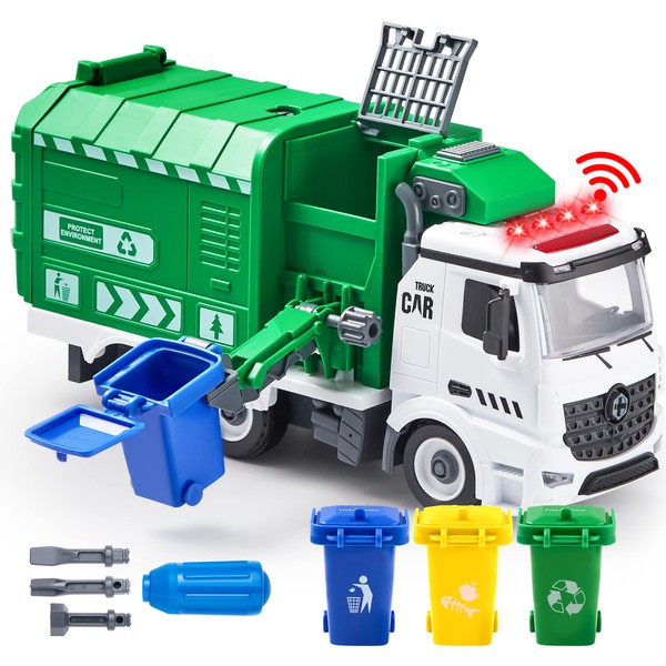 JOYIN Recycling Garbage Truck Toy, Kids DIY Assembly Friction Powered Side-Dump Garbage Toy with Light and Sounds, 3 Trash Cans, 3 Replaceable Screwdrivers, Boys & Girls Gifts