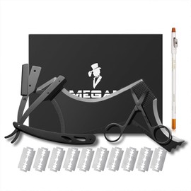 Megan beard shaping tool,5 piece set beard shaper for man - include professional straight edge razor,template guide,10 count of double edge blades,barber pencil and stainless steel scissors.