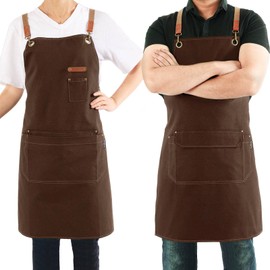 Chef Apron for Men Women with Pockets | Adjustable Cross-Back Work Apron | Canvas Kitchen Cooking BBQ Apron | Barista Bartender Barber Professional Apron | Art Craft Gardening Florist Aprons - Brown