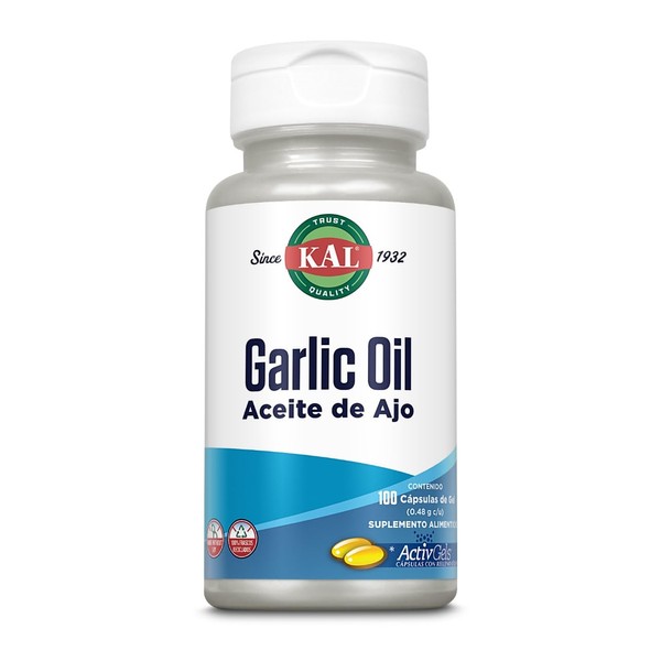 KAL Garlic Oil 2000 mg, Aceite de Ajo / 100 Cápsulas de gel, Libre de Soya, Enriquecido con Aceite de Perejil, Garantía Clear Quality (absorción en 30 min).