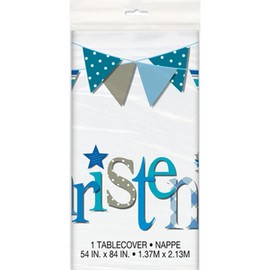 Blue Bunting Christening Rectangular Plastic Table Cover (137cm x 213cm) 1 Piece - Perfect for Baptism Celebrations, 54" x 84"