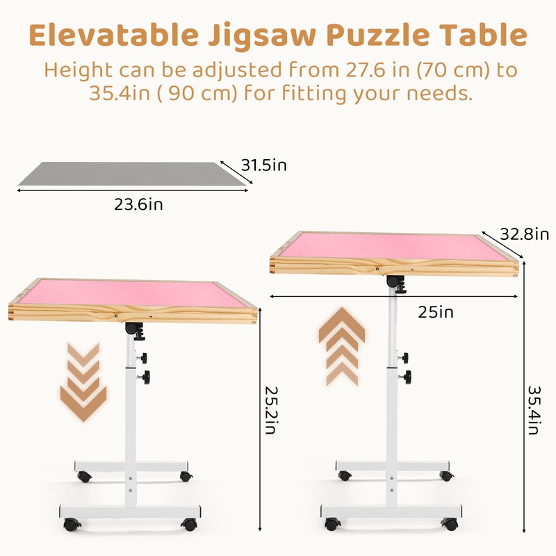 Vasitelan Adjustable Wooden Jigsaw Puzzle Table with Wheels, Puzzle Tables