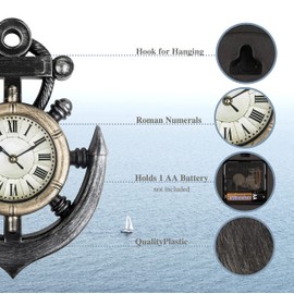Timely Furnishings Anchor and Boat Wheel Wall Clock, Rustic Nautical Coastal Beach or Sea Theme Home Décor Silent, Non Ticking Sweep Movement